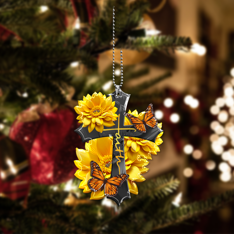 Sunflower Faith Butterfly Christian Cross Faith Acrylic Ornament, Perfect Christmas Gift For Family, Friends, Holiday Decor