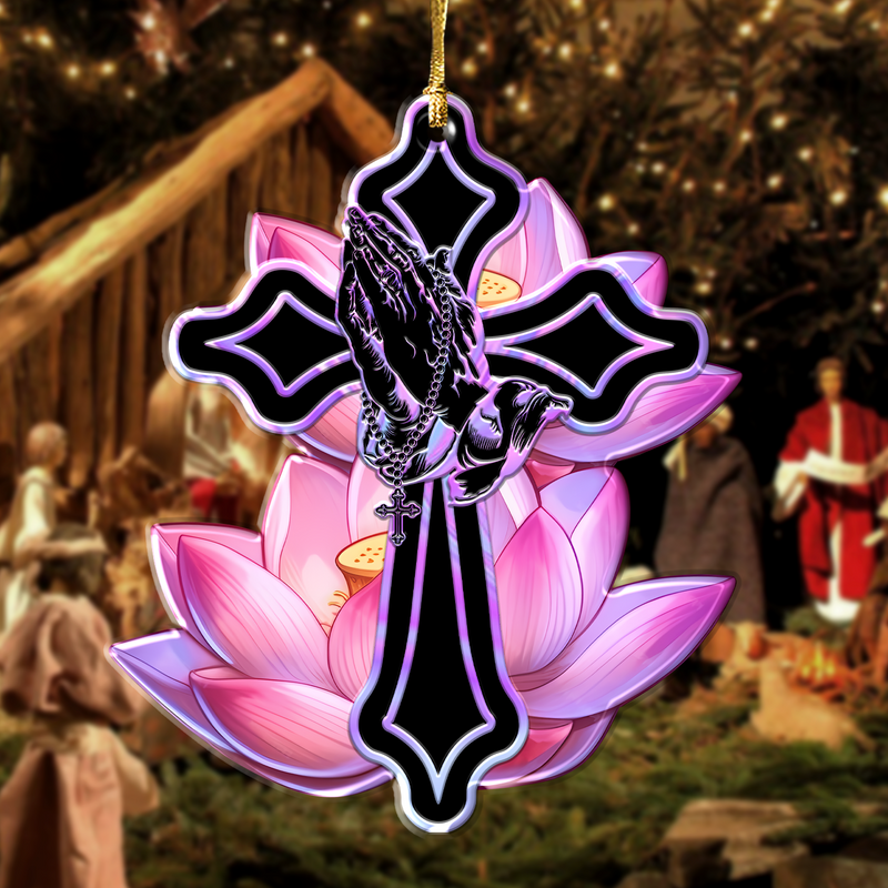Lotus Flower Pray Faith Cross Acrylic Ornament, Perfect Christmas Gift For Family, Friends