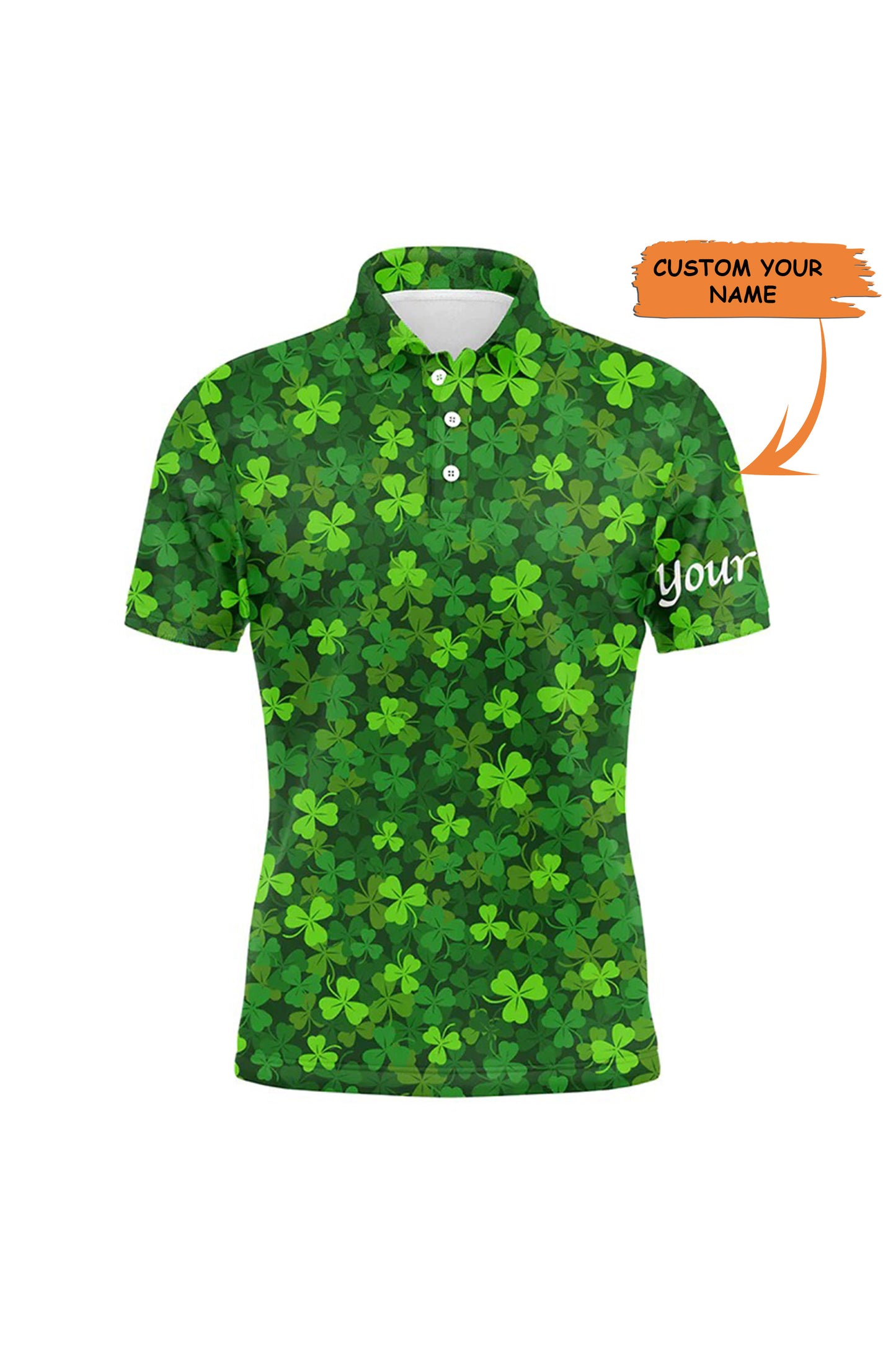 Golf Men Polo Shirts, Custom Name Green Clover St Patrick's Day Pattern Apparel - Personalized Sports Gifts For Men, Husband, Boyfriend, Golf Lovers