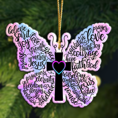 Hologram Purple Butterfly Christian Cross Acrylic Ornament, Perfect Christmas Gift For Family, Friends, Holiday Decor