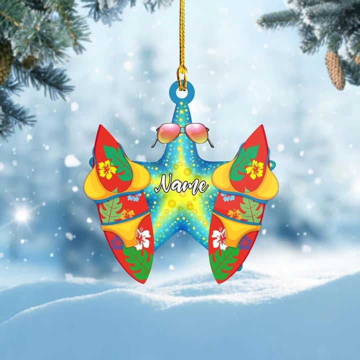 Custom Name Surfing Board Star Fish Acrylic Ornament For Xmas Decor, Personalized Christmas Ornament Gift For Surfers