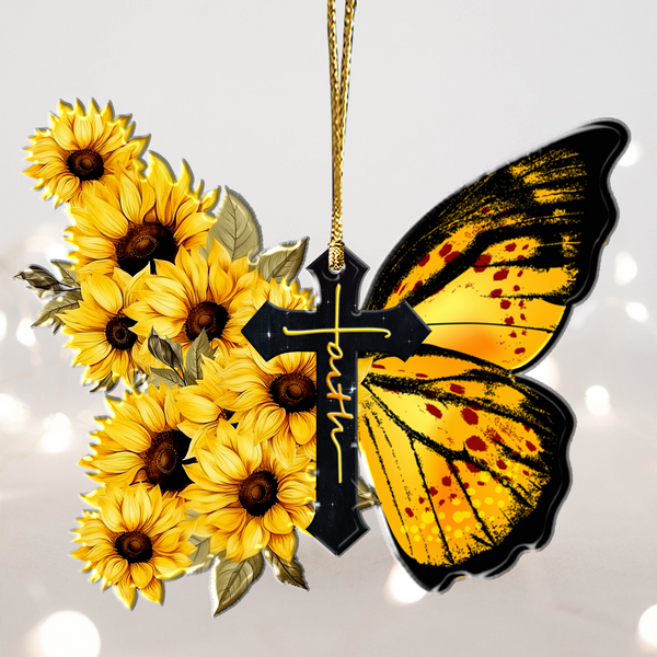 Butterfly Sunflower Cross Faith Acrylic Ornament, Perfect Christmas Gift For Family, Friends