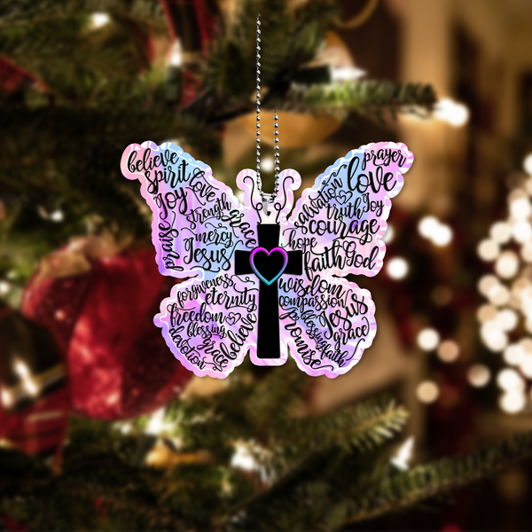 Hologram Purple Butterfly Christian Cross Acrylic Ornament, Perfect Christmas Gift For Family, Friends, Holiday Decor