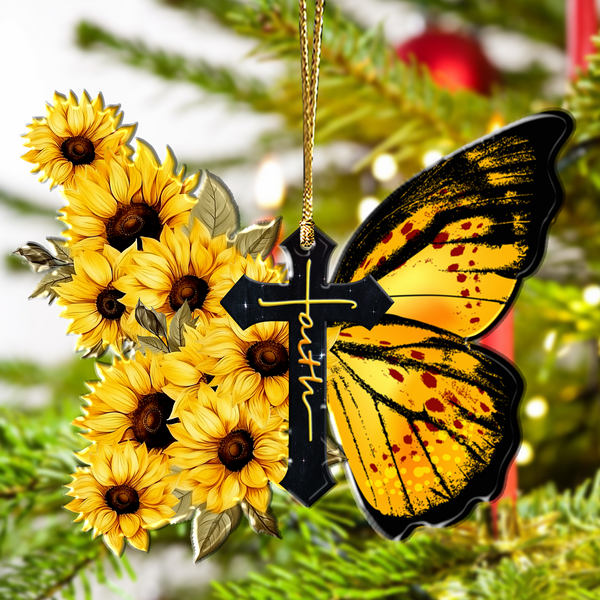 Butterfly Sunflower Cross Faith Acrylic Ornament, Perfect Christmas Gift For Family, Friends