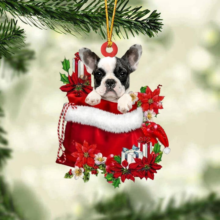 Customized French Bulldog In Red Gift Bag Acrylic Christmas Ornament, Personalized Christmas Gift For Dog Lovers, Dog Mom
