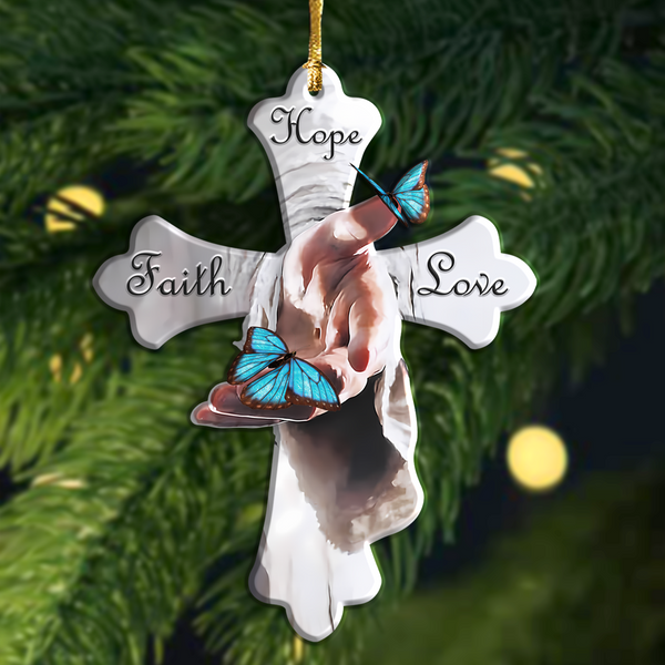 Jesus Hand Blue Butterfly Faith Hope Love Acrylic Ornament, Perfect Christmas Gift For Family, Friends, Holiday Decor