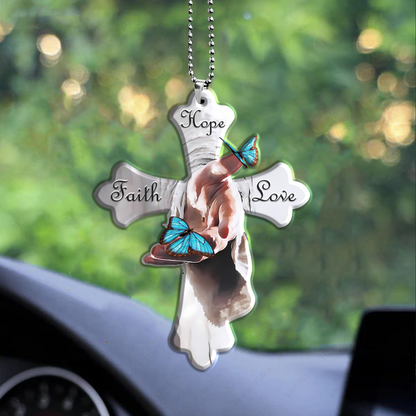 Jesus Hand Blue Butterfly Faith Hope Love Acrylic Ornament, Perfect Christmas Gift For Family, Friends, Holiday Decor