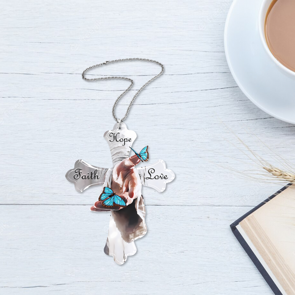 Jesus Hand Blue Butterfly Faith Hope Love Acrylic Ornament, Perfect Christmas Gift For Family, Friends, Holiday Decor