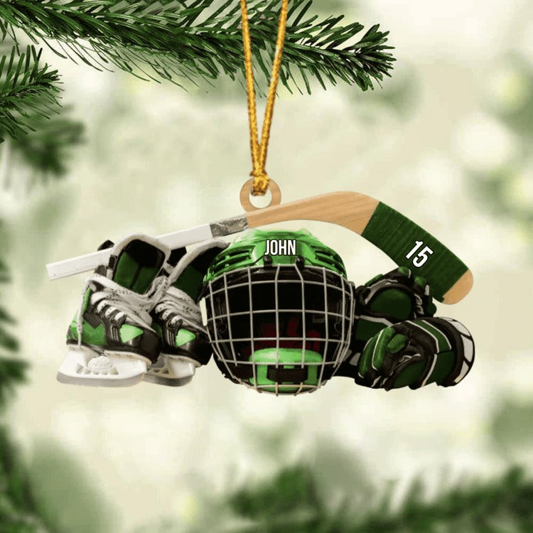 Personalized Hockey Skates Helmet And Stick Christmas Ornament, Acrylic Ornament - Gift For Hockey Lover
