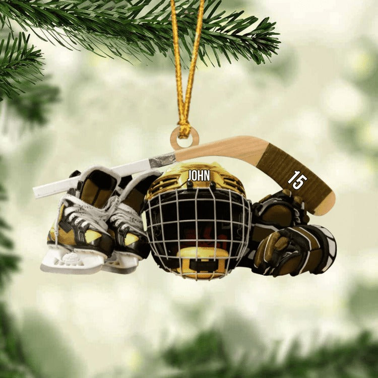 Personalized Hockey Skates Helmet And Stick Christmas Ornament, Acrylic Ornament - Gift For Hockey Lover