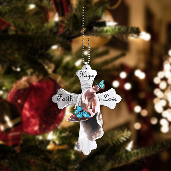 Jesus Hand Blue Butterfly Faith Hope Love Acrylic Ornament, Perfect Christmas Gift For Family, Friends, Holiday Decor