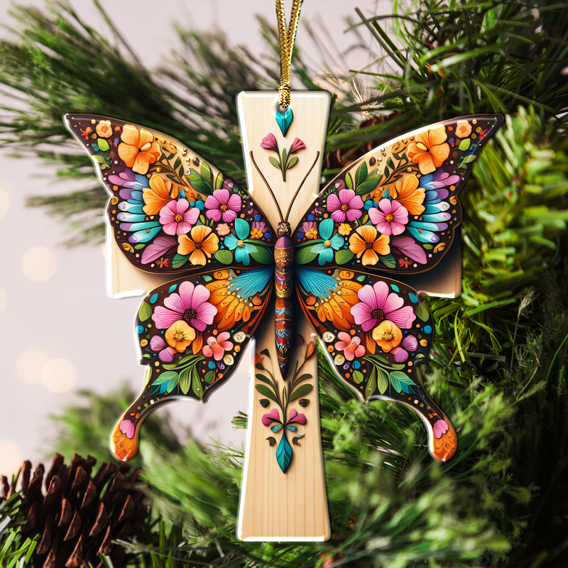 Colorful Flower Butterfly Cross Christian Acrylic Ornament, Perfect Christmas Gift For Family, Friends, Holiday Decor