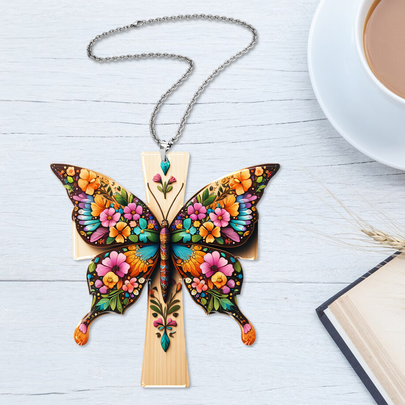 Colorful Flower Butterfly Cross Christian Acrylic Ornament, Perfect Christmas Gift For Family, Friends, Holiday Decor