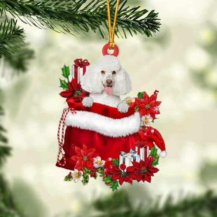 Customized Poodle Dog In Red Gift Bag Acrylic Ornament, Christmas Gift For Dog Lovers, Dog Mom