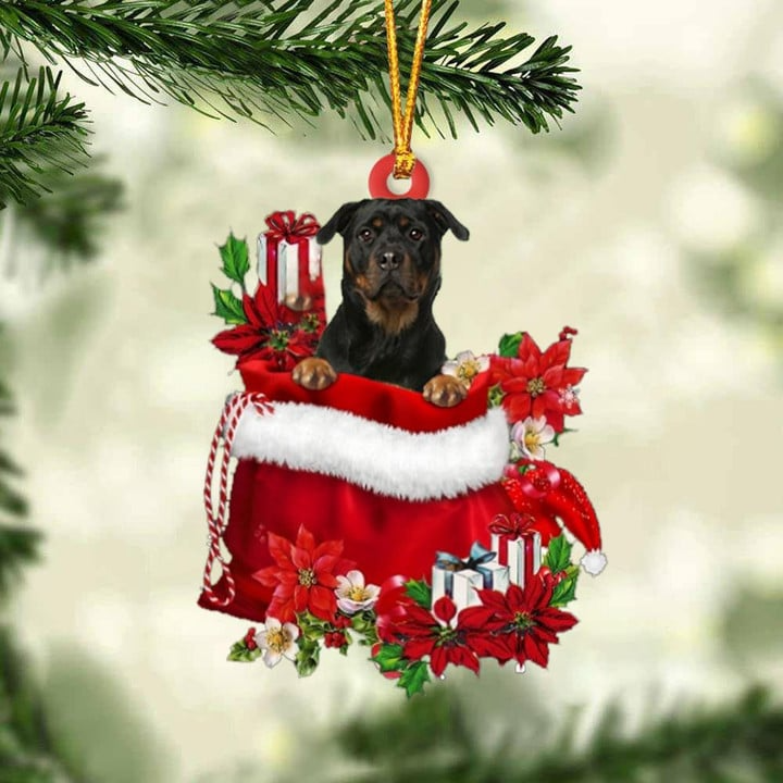 Personalized Rottweiler Dog In Red Gift Bag Acrylic Ornament, Custom Christmas Gift For Dog Lovers, Dog Mom