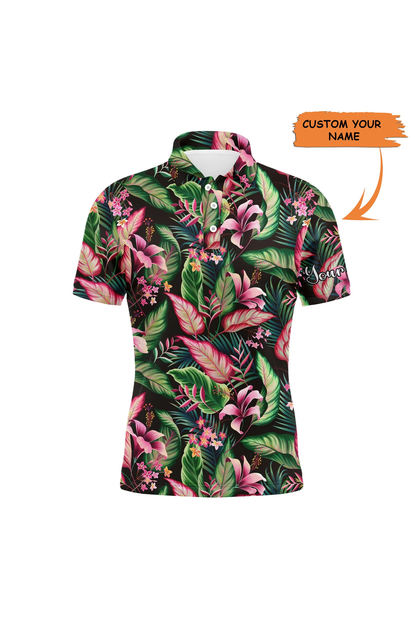 Golf Men Polo Shirt, Custom Name Floral Pattern With Tropical Leaves Apparel - Personalized Sports Gift For Golf Lover, Male, Husband, Boyfriend, Team