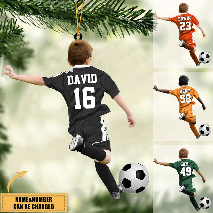 Personalized Soccer Boy Acrylic Ornament, Christmas Ornament Gift For Soccer Lovers For Kids
