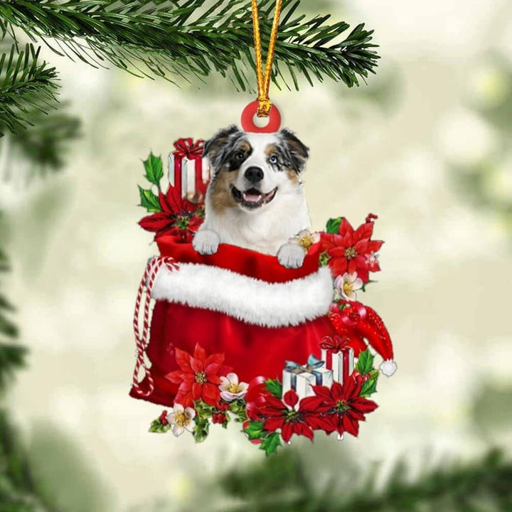 Customized Australian Shepherd In Red Gift Bag Acrylic Ornament, Christmas Gift For Dog Lovers, Dog Mom