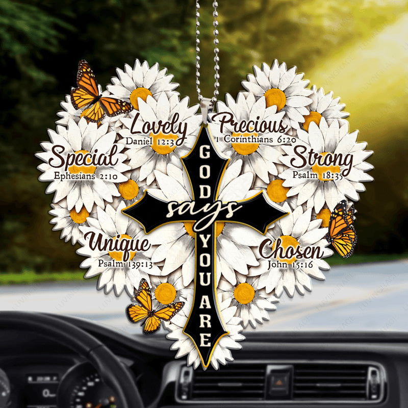 Daisy Heart With Cross God Says You Are Acrylic Car Ornament, Perfect Christmas Gift For Family, Friends