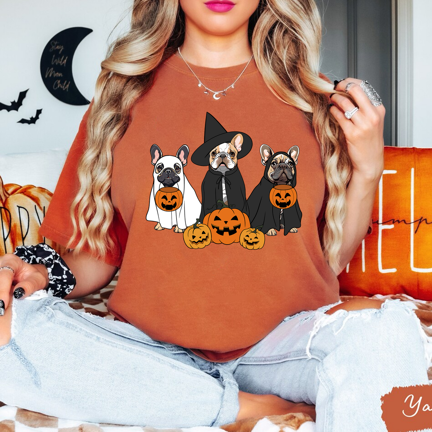 Ghost And Witch French Bulldog Sweatshirt, Ghost French Bulldog Shirt, Witch French Bulldog Shirt, Dog Lover, French Bulldog Halloween Shirt