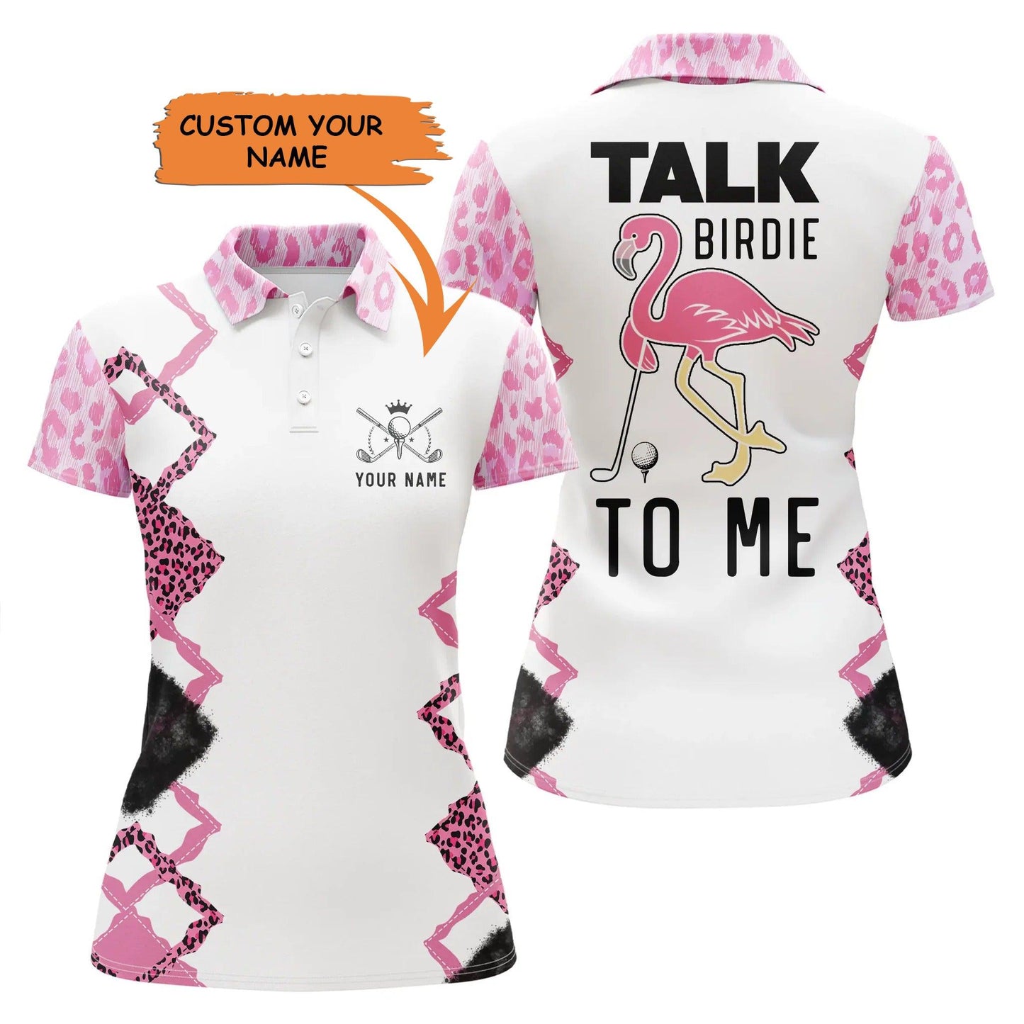 Golf Custom Name Women Polo Shirt, Funny Pink Leopard Flamingo Talk Birdie To Me Personalized Women Polo Shirt - Perfect Gift For Golf Lovers, Golfers - Cerigifts