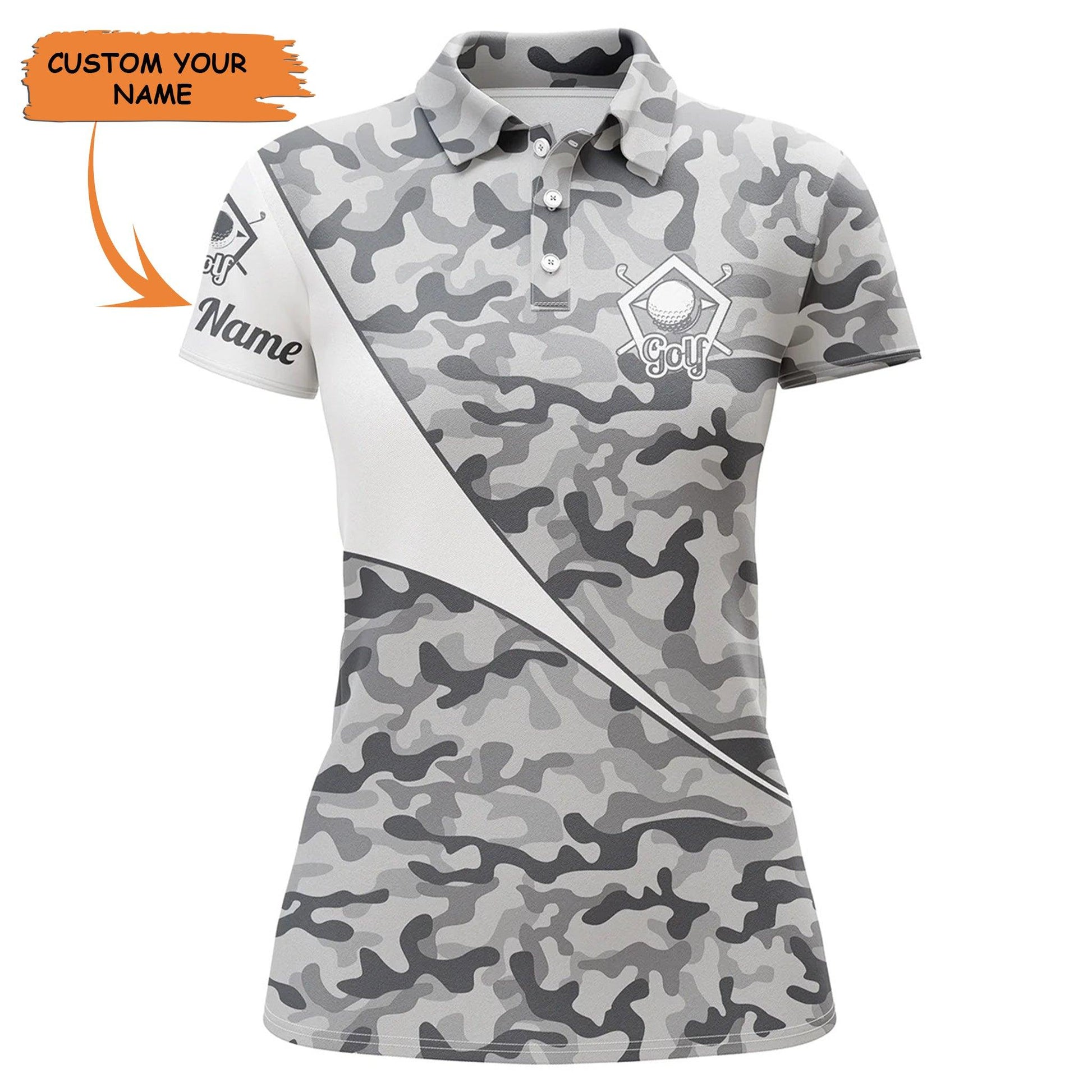 Golf Custom Name Women Polo Shirt, Gray Camo Pattern Personalized Women Polo Shirt - Perfect Gift For Ladies, Girls, Golf Lovers, Golfers - Cerigifts