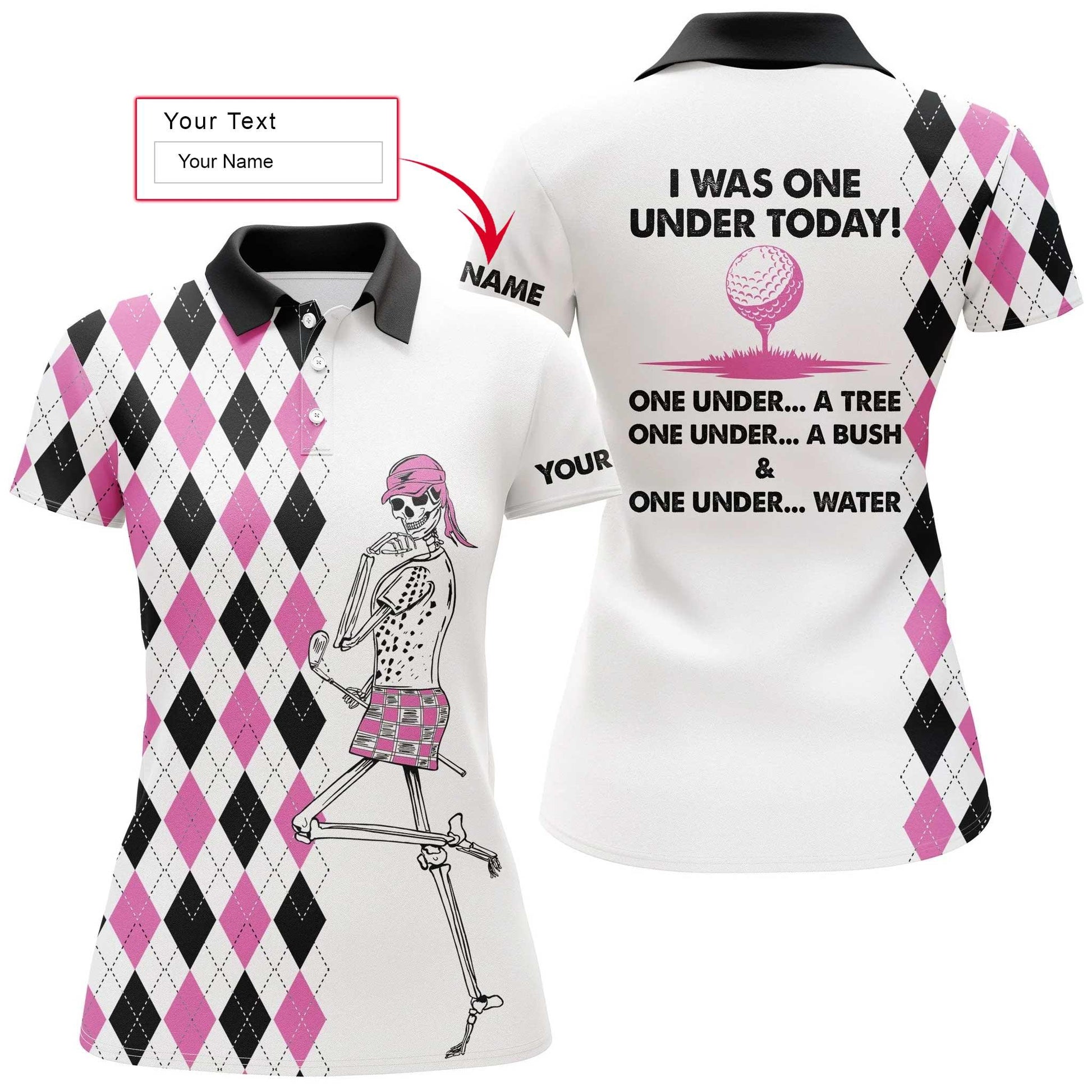 Golf Custom Name Women Polo Shirt, I Was One Under Today A Tree, Bush And Water, Skull Personalized Pink Women Polo Shirts, Golfing Gift For Golfers - Cerigifts