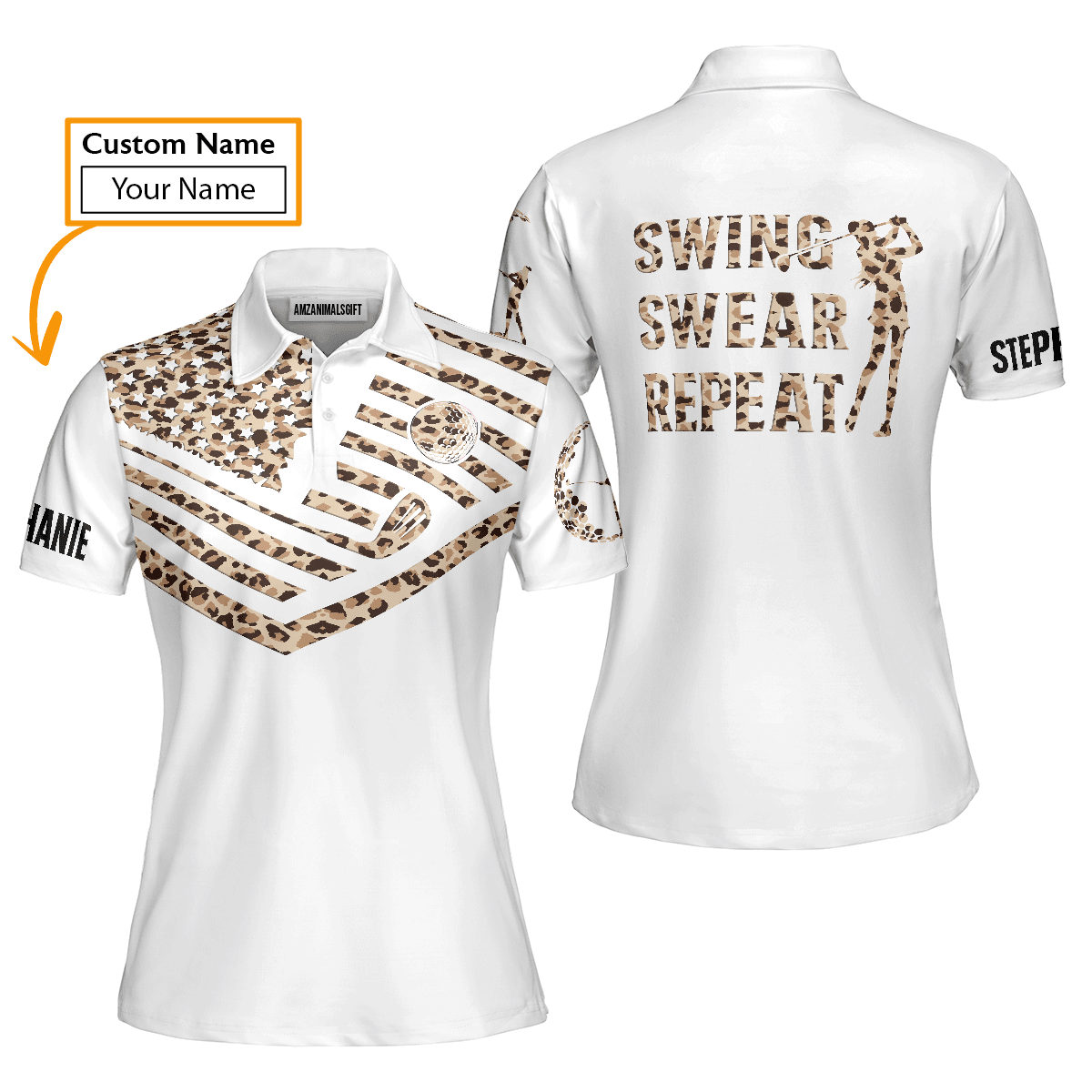 Golf Custom Name Women Polo Shirt, Leopard Pattern American Flag 4th of July Personalized Women Polo Shirts, Gift For Golfers, Swing Swear Repeat - Cerigifts
