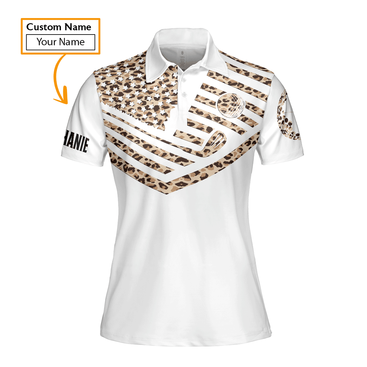 Golf Custom Name Women Polo Shirt, Leopard Pattern American Flag 4th of July Personalized Women Polo Shirts, Gift For Golfers, Swing Swear Repeat - Cerigifts