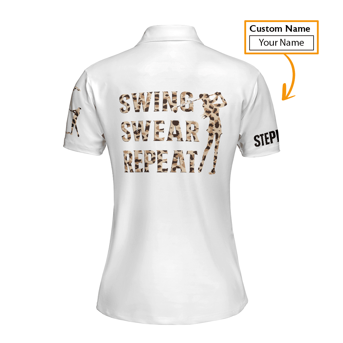 Golf Custom Name Women Polo Shirt, Leopard Pattern American Flag 4th of July Personalized Women Polo Shirts, Gift For Golfers, Swing Swear Repeat - Cerigifts