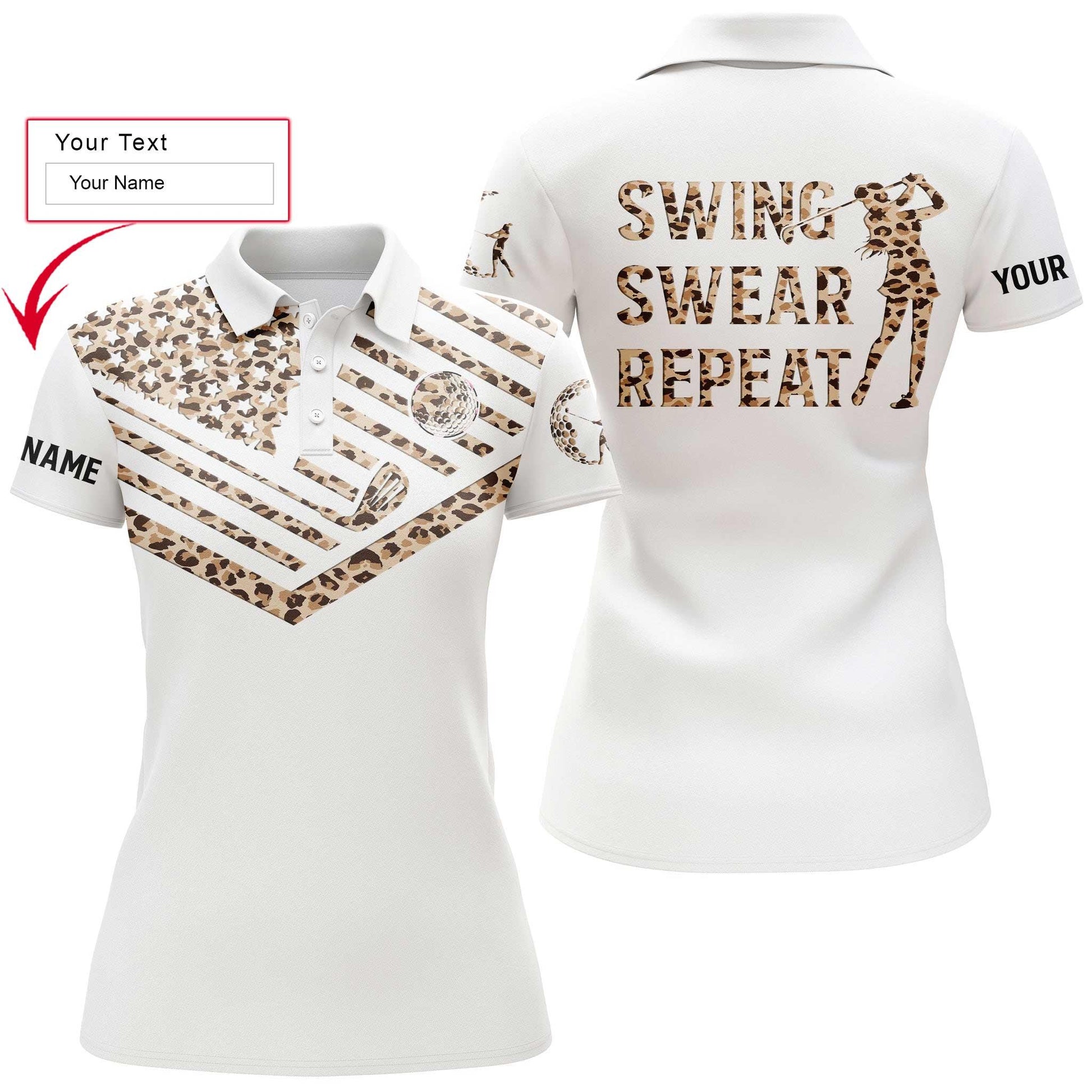 Golf Custom Name Women Polo Shirt, Leopard Pattern American Flag 4th of July Personalized Women Polo Shirts, Gift For Golfers, Swing Swear Repeat - Cerigifts