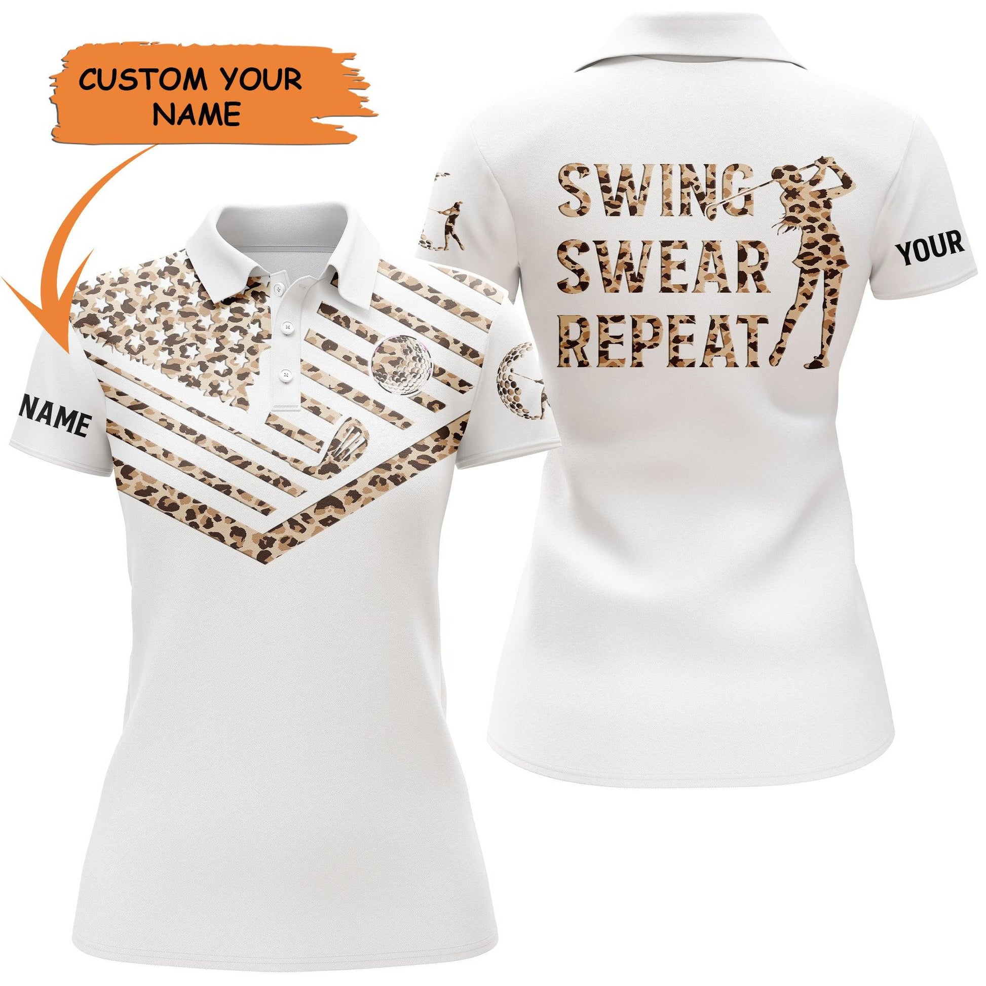 Golf Custom Name Women Polo Shirt, Leopard Pattern American Flag Swing Swear Personalized Women Polo Shirt - Perfect Gift For Golf Lovers, Golfers - Cerigifts