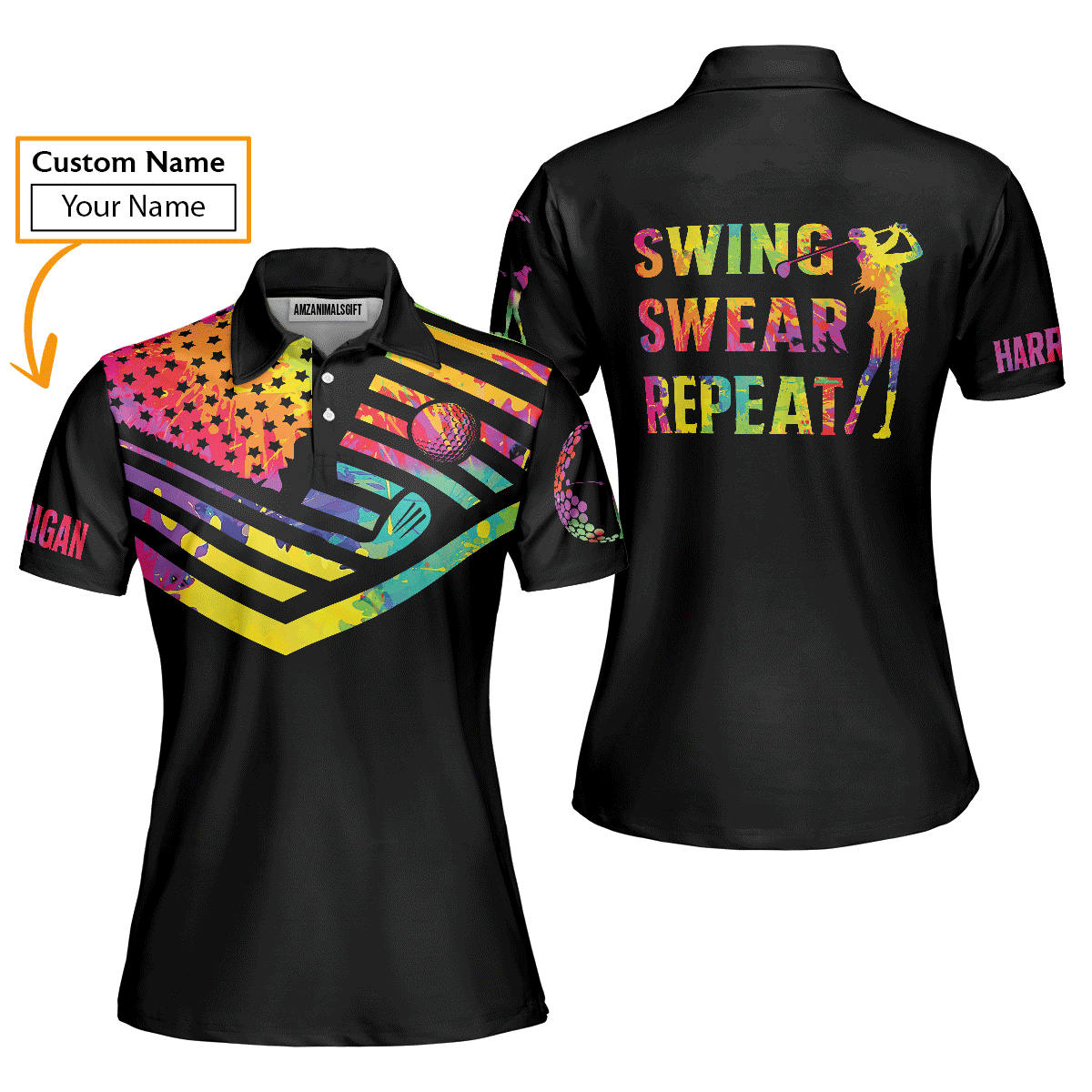 Golf Custom Name Women Polo Shirt, Swing Swear Repeat, Watercolor American Flag Black Personalized Women Polo Shirts, Gift For Female Golfer - Cerigifts