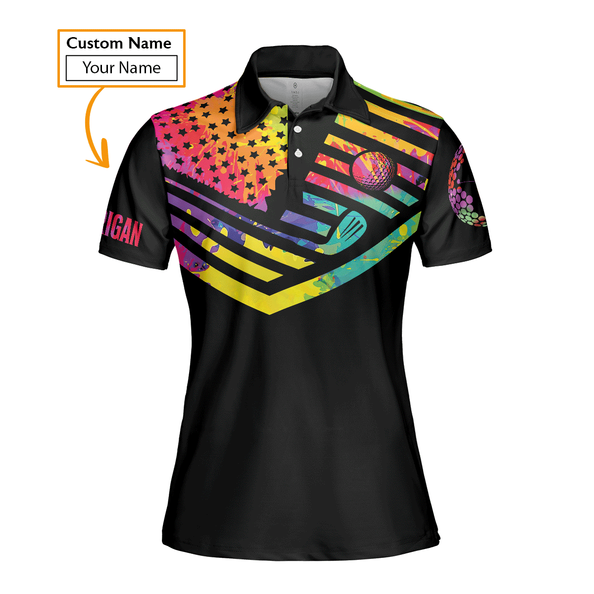 Golf Custom Name Women Polo Shirt, Swing Swear Repeat, Watercolor American Flag Black Personalized Women Polo Shirts, Gift For Female Golfer - Cerigifts