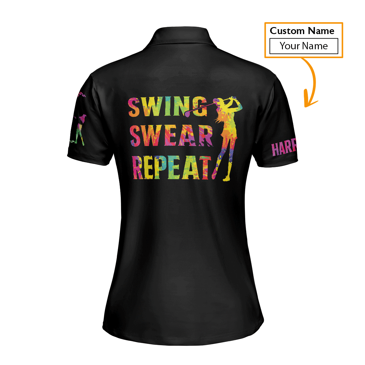 Golf Custom Name Women Polo Shirt, Swing Swear Repeat, Watercolor American Flag Black Personalized Women Polo Shirts, Gift For Female Golfer - Cerigifts