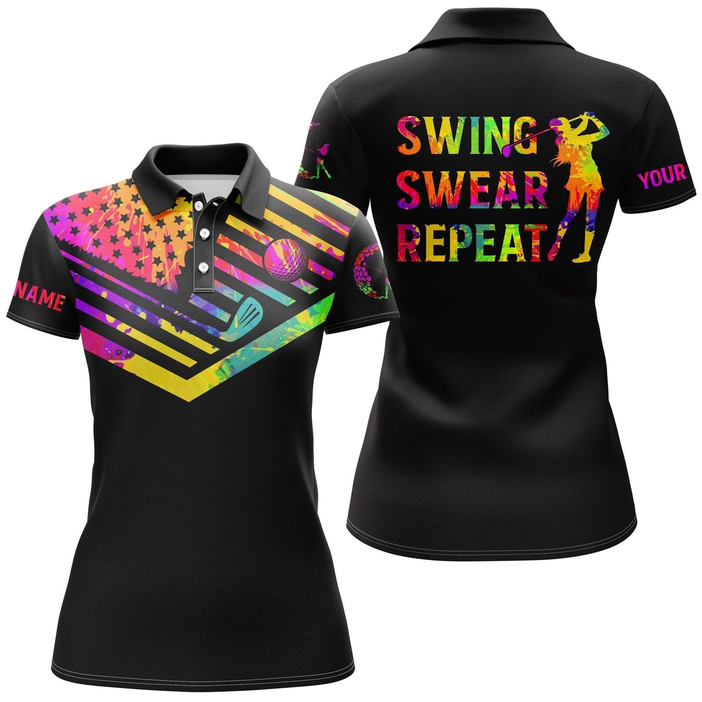 Golf Custom Name Women Polo Shirt, Swing Swear Repeat, Watercolor American Flag Black Personalized Women Polo Shirts, Gift For Female Golfer - Cerigifts