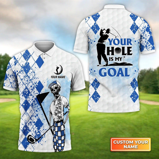 Golf Men Polo Shirt Custom Name - Golf Skull Blue Pattern Your Hole Is My Goal Personalized Polo Shirt For Men - Gift For Golfers, Friend, Family - Cerigifts