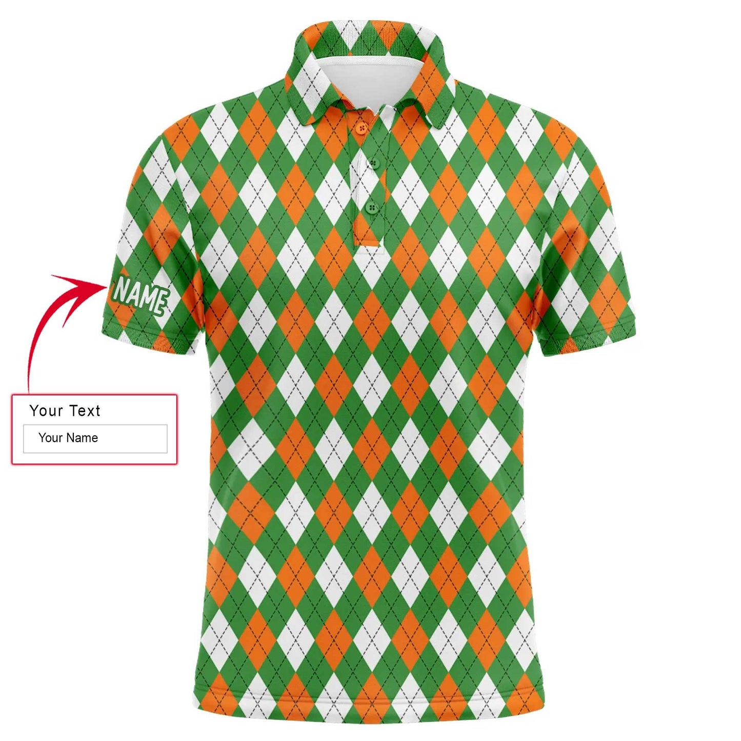 Golf Men Polo Shirt - Custom Name Green Orange White St. Patricks Day Argyle Plaid Pattern Apparel Men Polo Shirt - Perfect Polo Shirt For Men, Golfers - Cerigifts