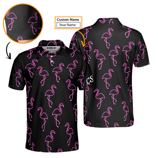 Golf Men Polo Shirt - Custom Name Neon Pink Flamingos Pattern Apparel - Personalized Gift For Golf Lover, Team, Husband, Boyfriend, Men - Cerigifts