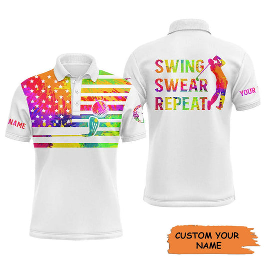 Golf Men Polo Shirt - Funny Watercolor American Flag Custom Name White Apparel - Swing Swear Repeat Men Golf Polo Shirt - Personalized Gift For Golf Lover - Cerigifts
