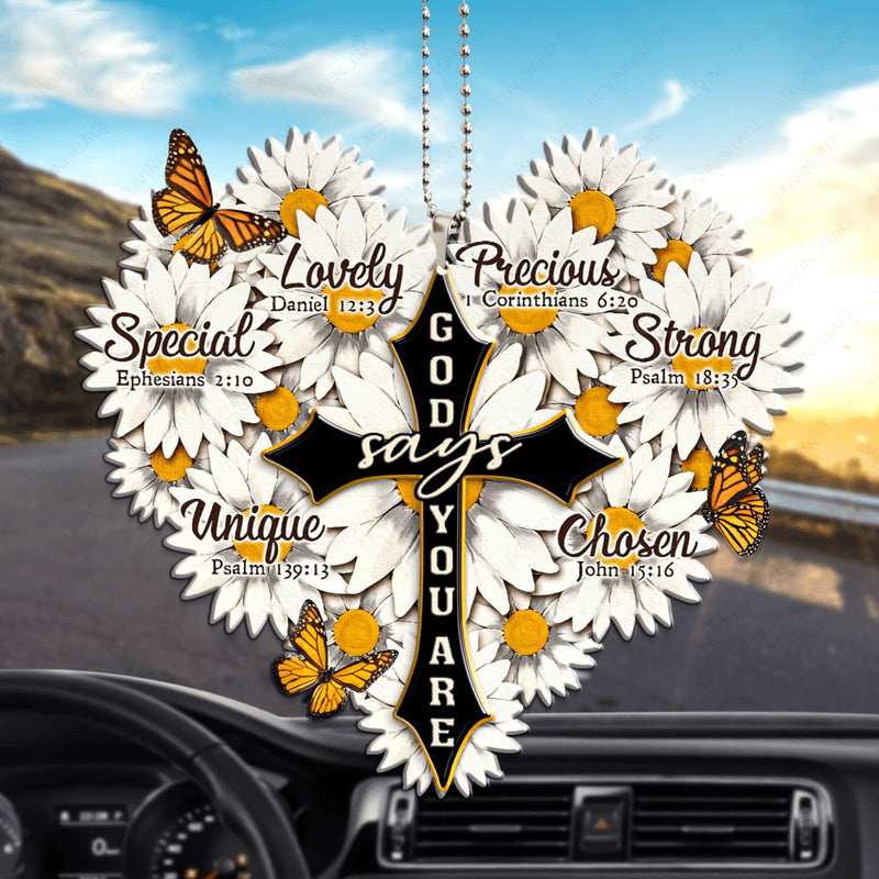 Daisy Heart With Cross God Says You Are Acrylic Car Ornament, Perfect Christmas Gift For Family, Friends