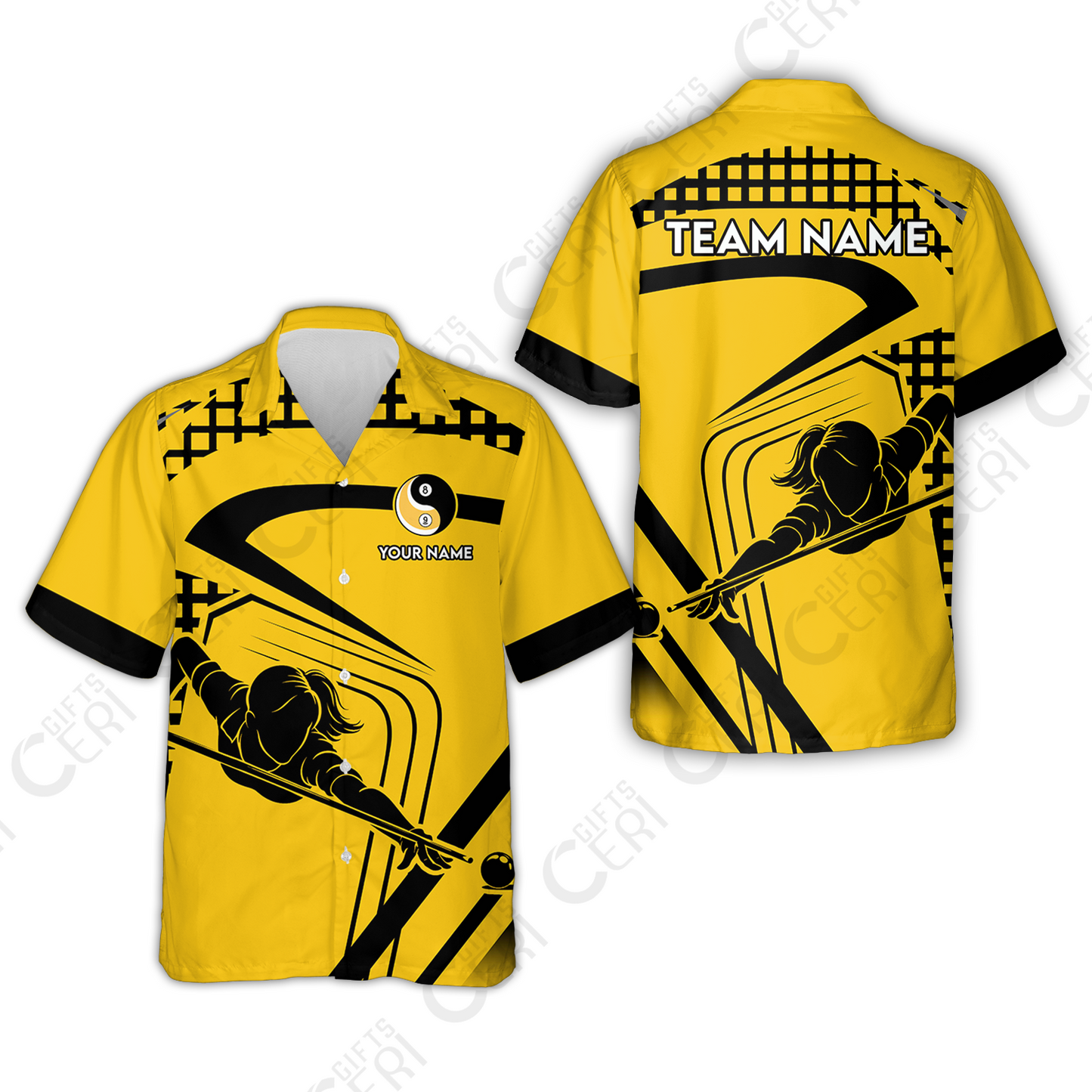 Customized Billiards Hawaiian Shirt, Personalized Yellow Slash Yin Yang 8 9 Ball Jersey Gift For Billiard Players