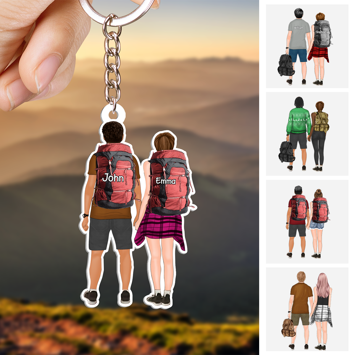 Personalized Hiking Couple Partners Hold Hands Flat Acrylic Keychain, Meaningful Gifts For Partners Soulmates Love Hiking