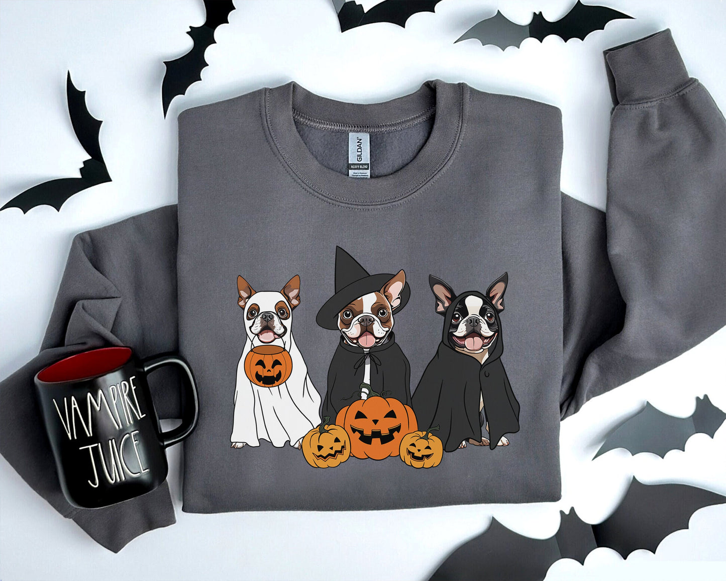 Ghost And Witch Boston Terrier Sweatshirt, Ghost Boston Terrier Shirt, Witch Boston Terrier Shirt, Boston Terrier Halloween Sweatshirt