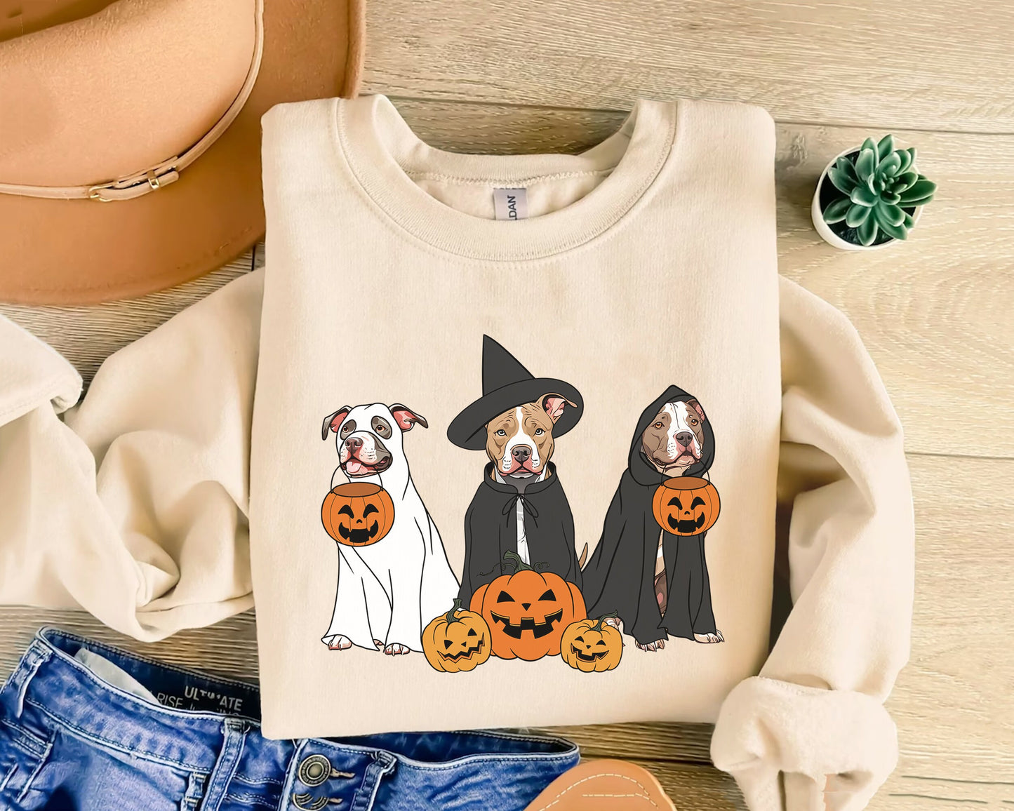 Ghost And Witch Pit Bull Sweatshirt, Ghost Pit Bull Shirt, Witch Pit Bull Shirt, Pit Bull Halloween Sweatshirt, Ghost And Witch Dog Shirt