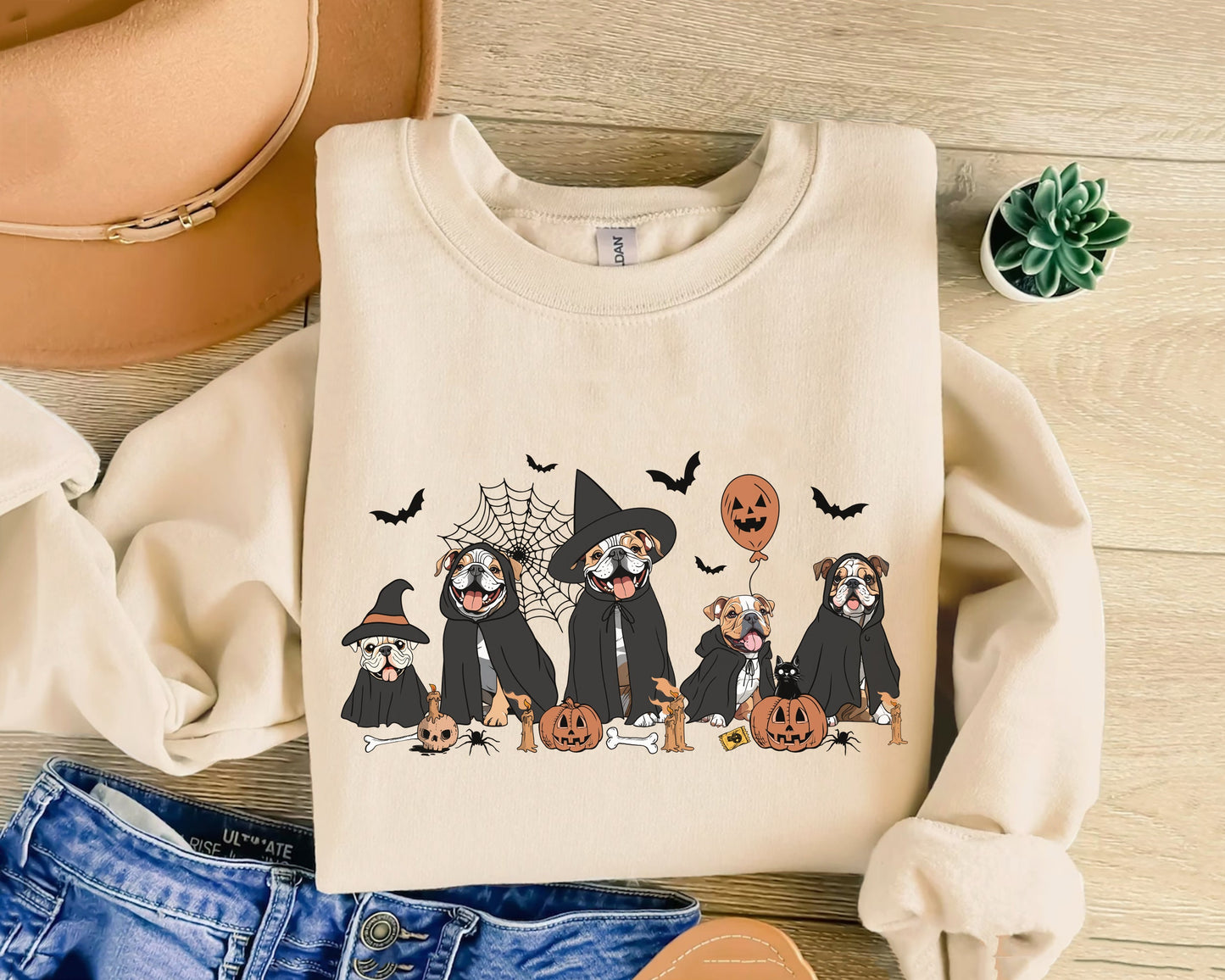Bulldog Shirt, Bulldog Halloween Shirt, Witch Bulldog Shirt, Witch Dog Shirt, Halloween Dog Gift, Ghost And Witch Dog Tee, Halloween Bulldog