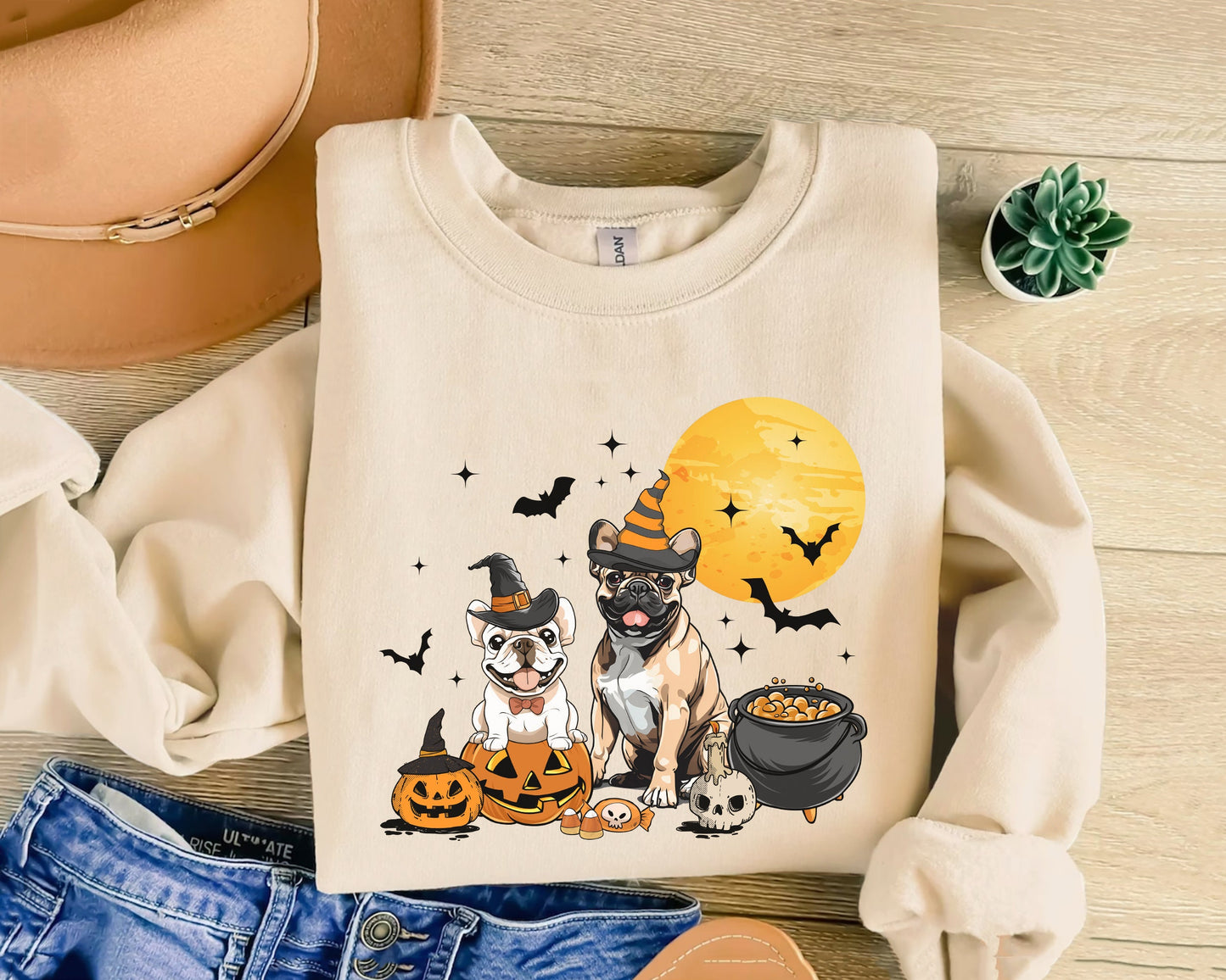 French Bulldog And Moon Halloween Shirt, Witch Frenchie Sweatshirt, Witch Frenchie Shirt, Frenchie Halloween Sweatshirt