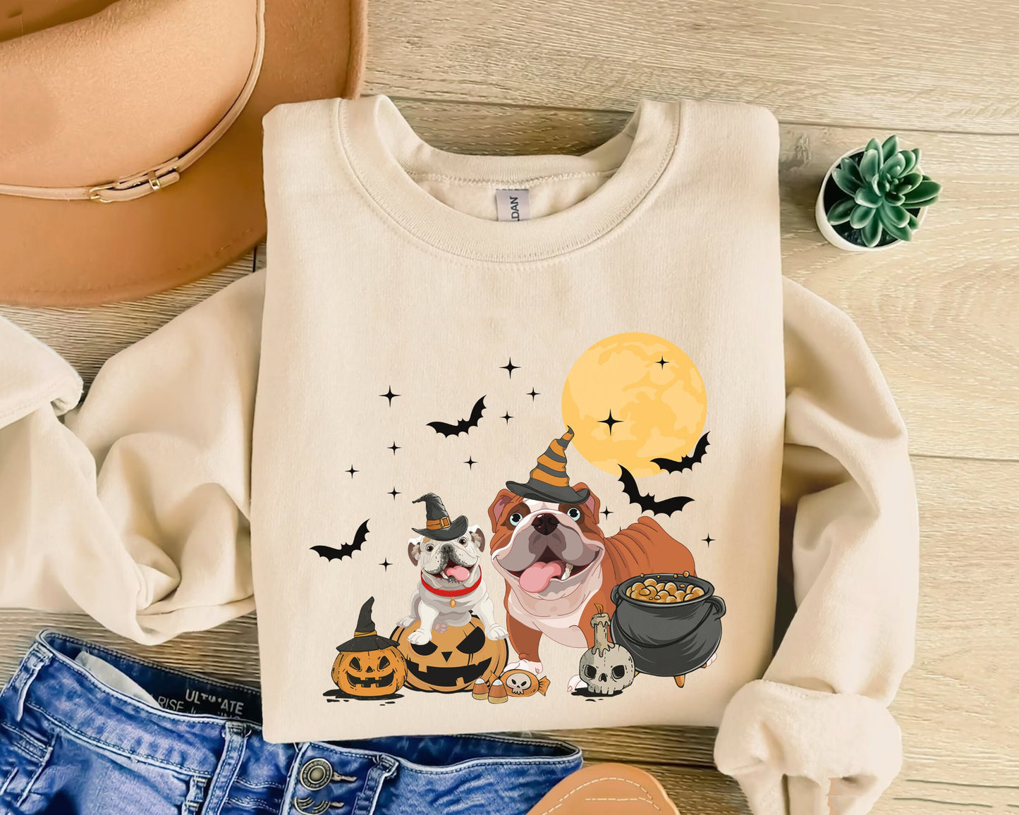 Bulldog Dog And Moon Sweatshirt, Witch Bulldog Halloween Shirt, Ghost Bulldog Shirt, Witch Dog Shirt, Bulldog Halloween Sweatshirt