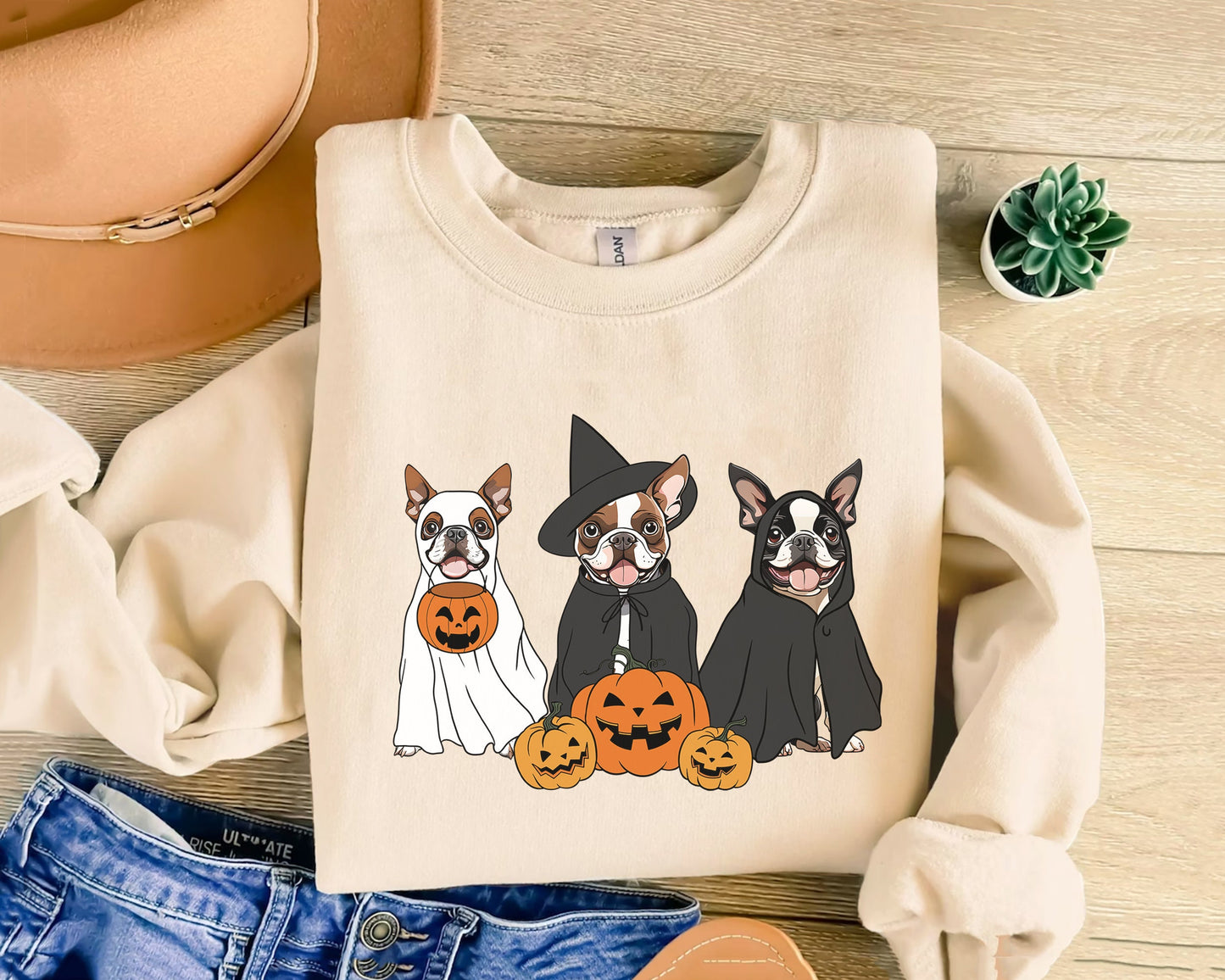 Ghost And Witch Boston Terrier Sweatshirt, Ghost Boston Terrier Shirt, Witch Boston Terrier Shirt, Boston Terrier Halloween Sweatshirt