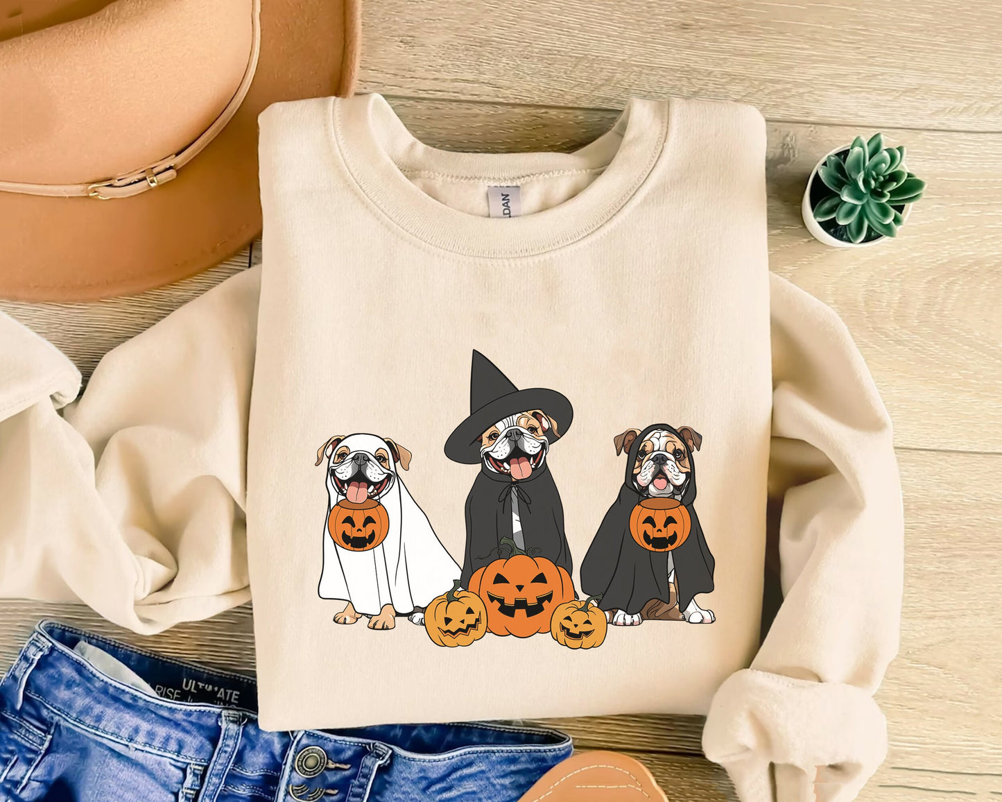Ghost And Witch Bulldog Sweatshirt, Ghost Bulldog Shirt, Witch Bulldog Shirt, Bulldog Halloween Sweatshirt, Ghost And Witch Dog Shirt